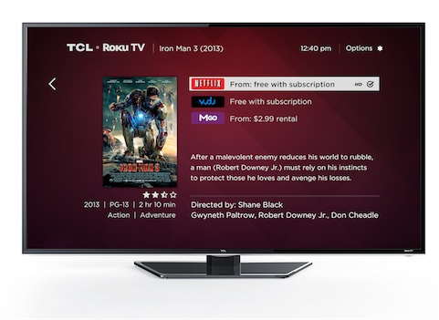 Un téléviseur TCL utilisant la plateforme Roku TV.