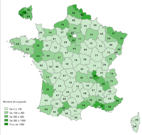 Une carte de France de la 4G - Plus c'est vert foncé, plus il y a des antennes 4G